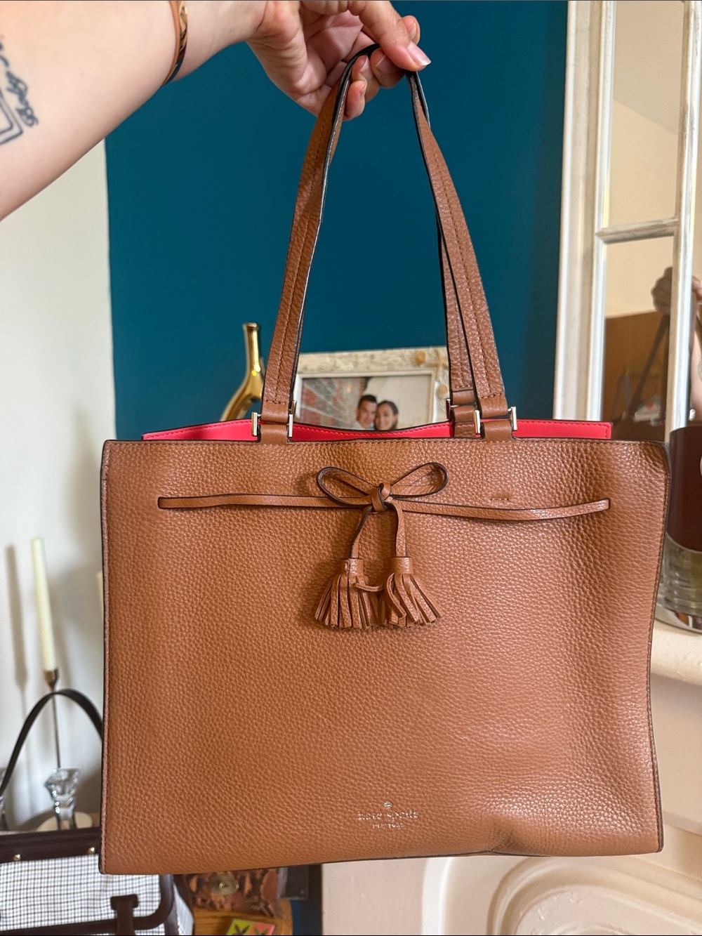 kate spade Brown Leather Tote with Tassel Accent and Red Interior
